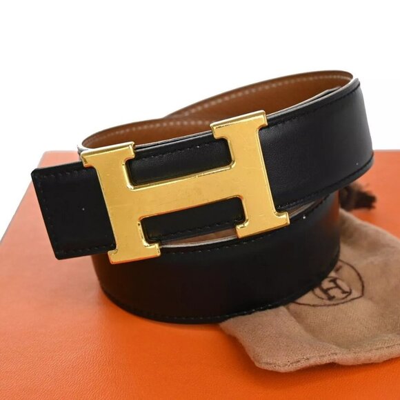 HERMES H Logo Constance Reversible Buckle Belt Leather Black Brown 85RH305 - Picture 1 of 12